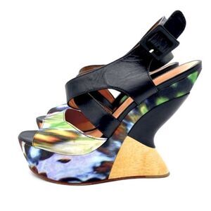 Anthropologie Leifsdottir Kivi Wedge Sandals Sculptural Heel Watercolor Wedge Sa